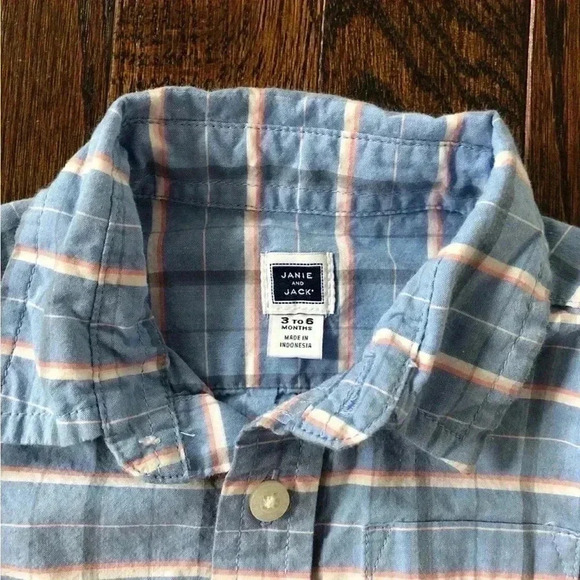 Janie and Jack Boys 3-6M Baby Blue/Pink/White Button Down Long-Sleeve Shirt - Picture 2 of 6